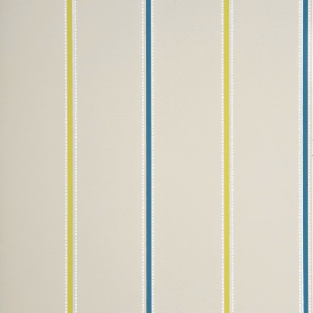 Cream wallpaper with slim teal and lime vertical stripes and dotted edging