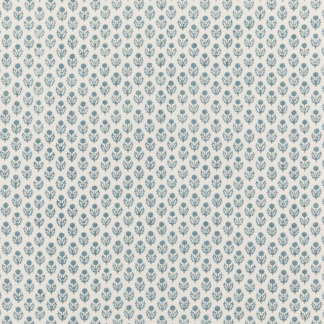 Soft blue botanical sprigs in a small repeat on a cream cotton ground