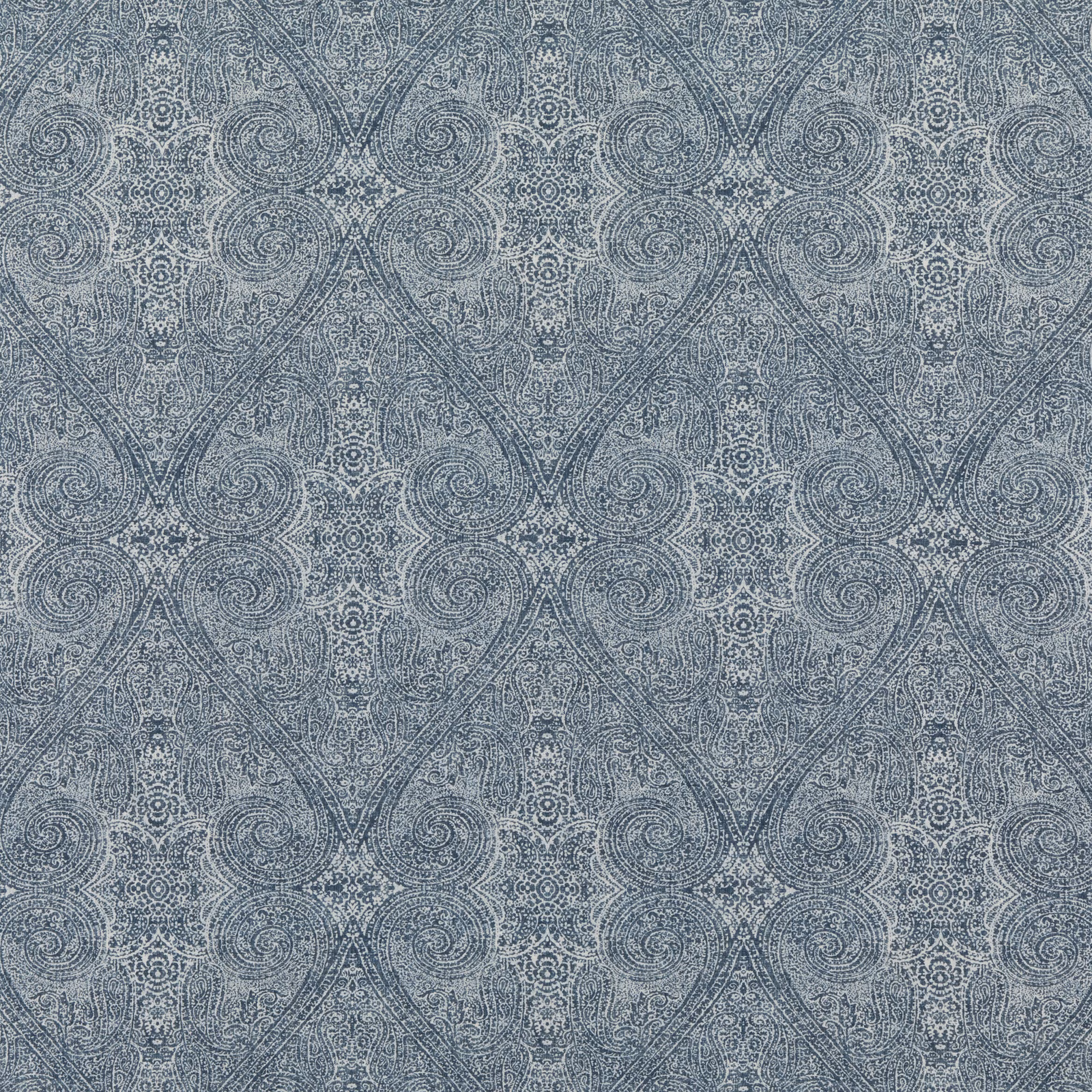 Muted indigo-grey fabric with densely drawn paisley medallions and fine swirling detail
