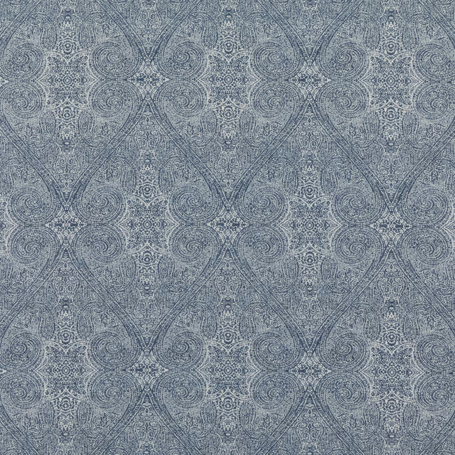 Muted indigo-grey fabric with densely drawn paisley medallions and fine swirling detail