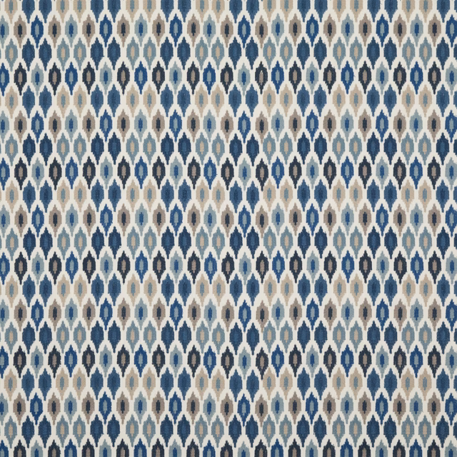 Close view of Mazara Indigo’s indigo, blue and beige pointed ogee weave