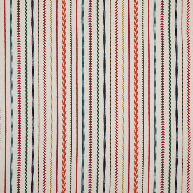 Warm cream fabric with narrow red, green, navy and mustard patterned stripes