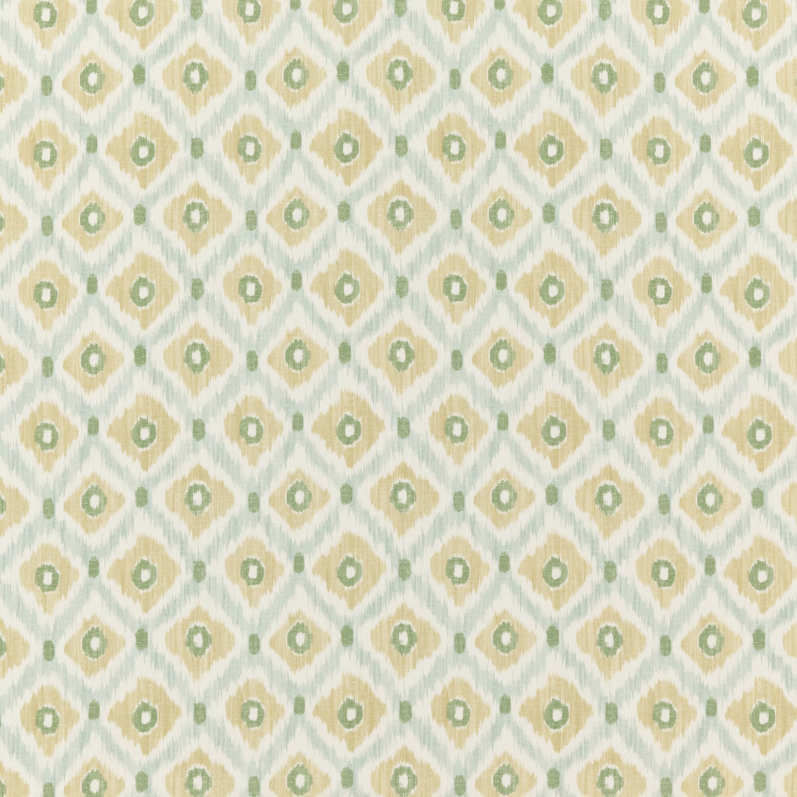 Pale aqua woven fabric with sage diamond medallions and soft cream accents