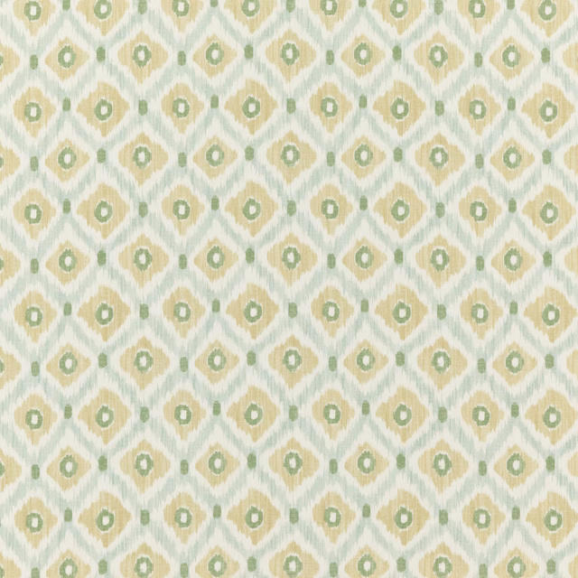 Pale aqua woven fabric with sage diamond medallions and soft cream accents