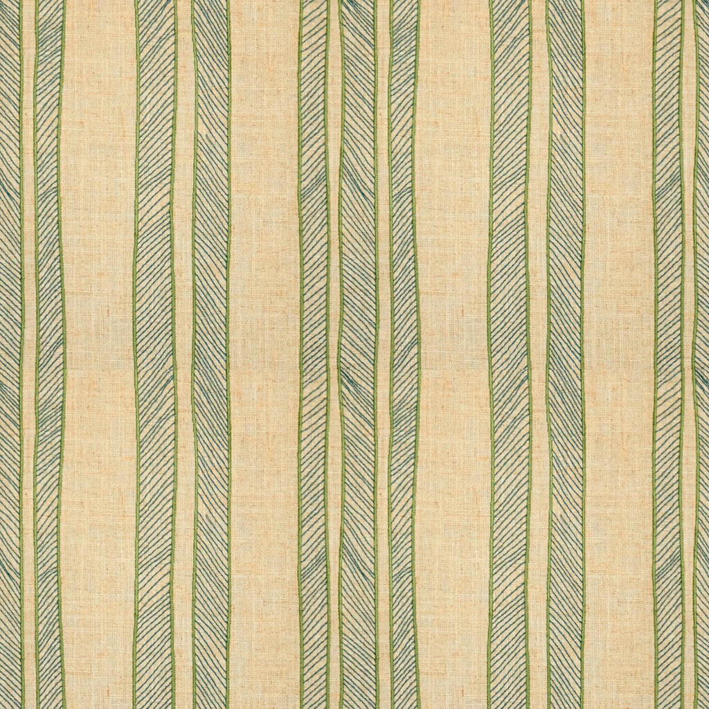 Muted fern-green and flax fabric with vertical stripes and fine diagonal hatching