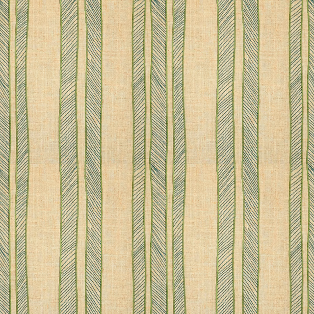 Muted fern-green and flax fabric with vertical stripes and fine diagonal hatching