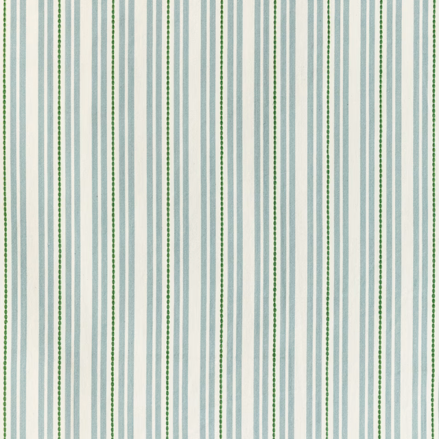 Cream cotton with pale blue vertical stripes and slim green dotted lines