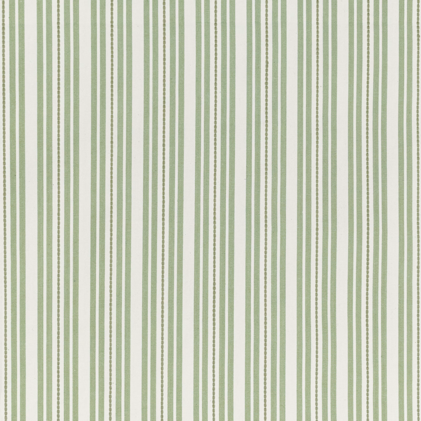 Soft sage and ivory cotton with varied vertical stripes and dotted accents