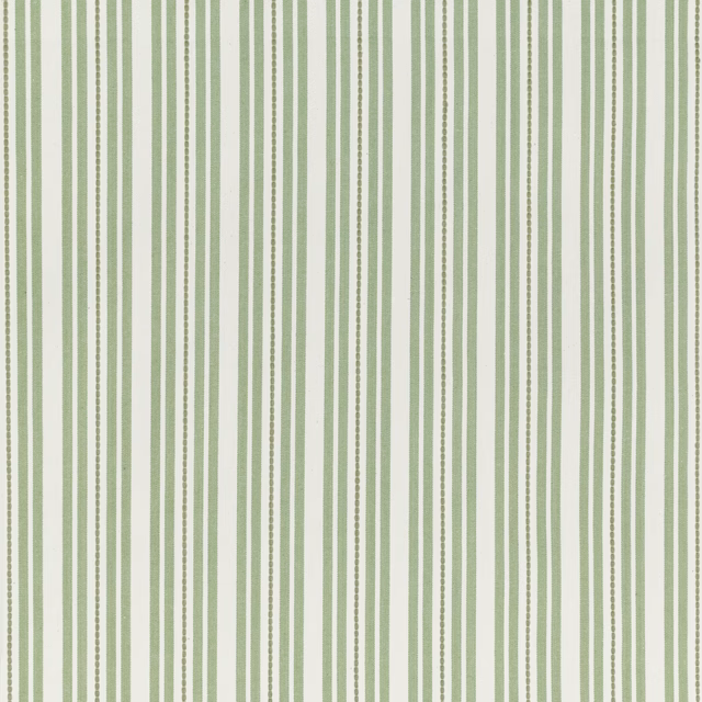 Soft sage and ivory cotton with varied vertical stripes and dotted accents