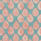 Aqua woven fabric with cream and red teardrop paisley motifs in a repeating layout