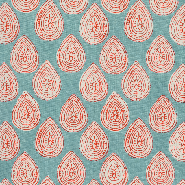 Aqua woven fabric with cream and red teardrop paisley motifs in a repeating layout