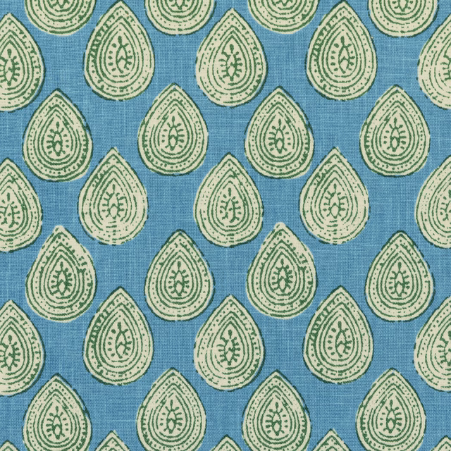 Muted teal fabric with pale sage paisley teardrops and fine textured weave