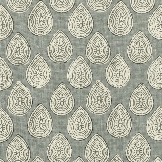 Muted grey-green woven fabric with cream concentric teardrop paisley motifs