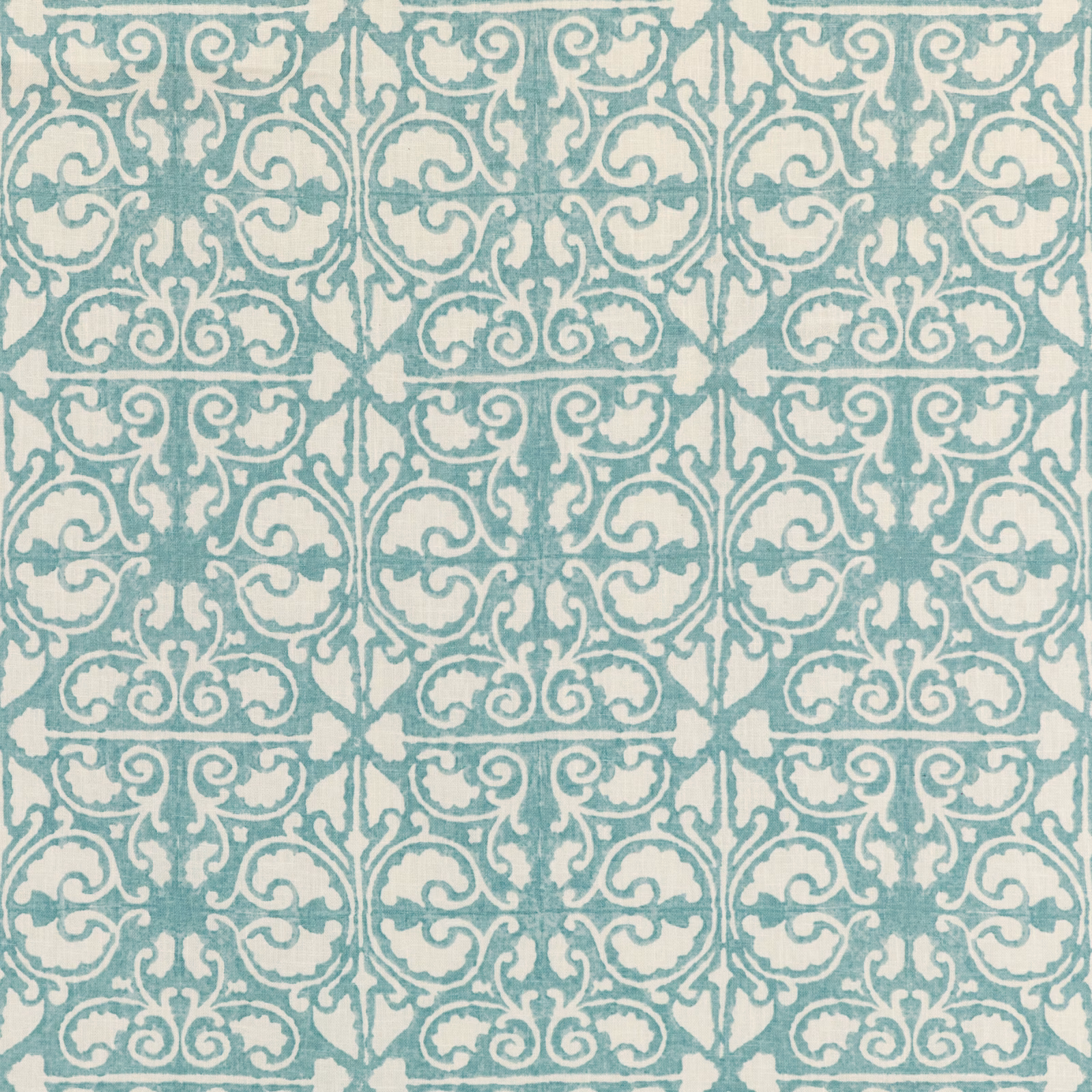 Pale aqua damask fabric with ivory scrolling motifs and softly mottled texture