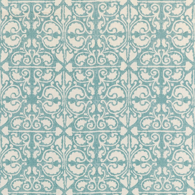 Pale aqua damask fabric with ivory scrolling motifs and softly mottled texture