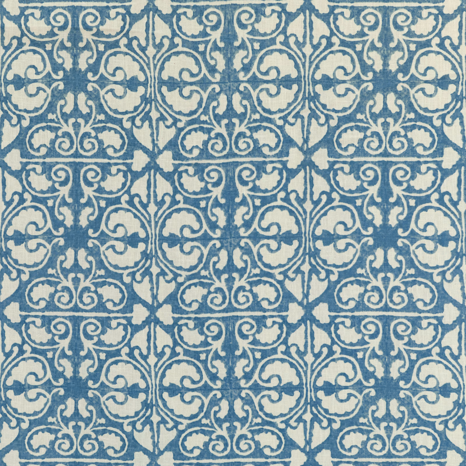 Cool blue and ivory scrolling damask motif with a softly mottled textile surface