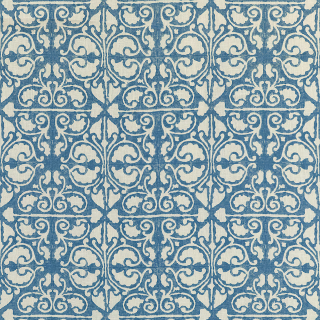 Cool blue and ivory scrolling damask motif with a softly mottled textile surface