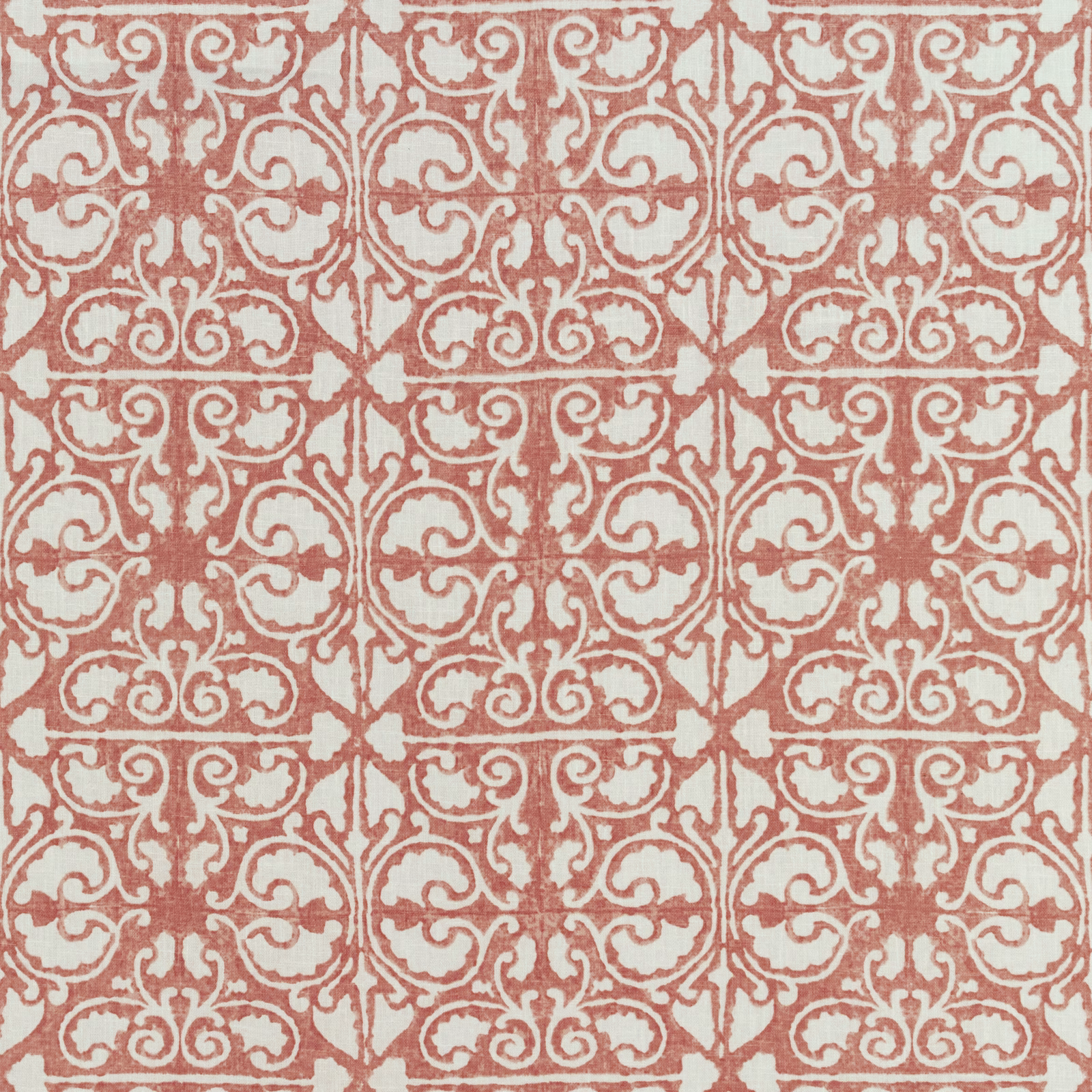 Muted brick-red and ivory scrolling damask with a softly textured woven surface