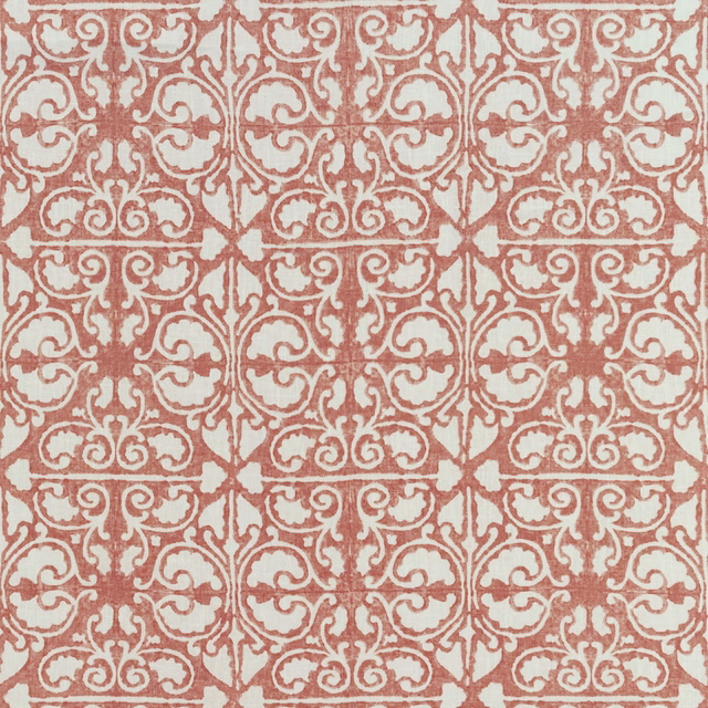 Muted brick-red and ivory scrolling damask with a softly textured woven surface