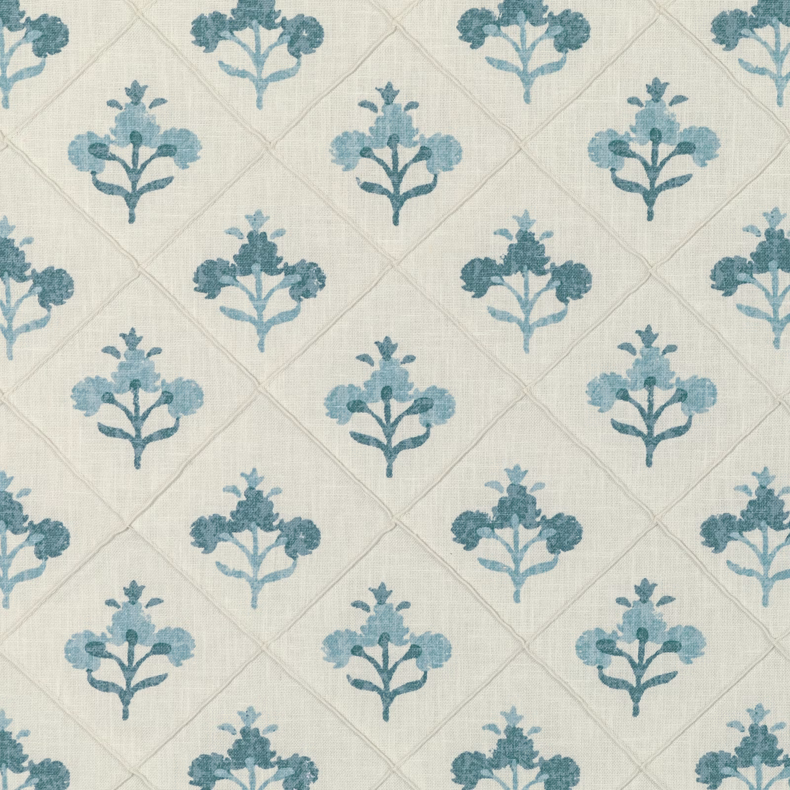 Aqua teal floral sprigs on ivory fabric with a fine diamond lattice weave