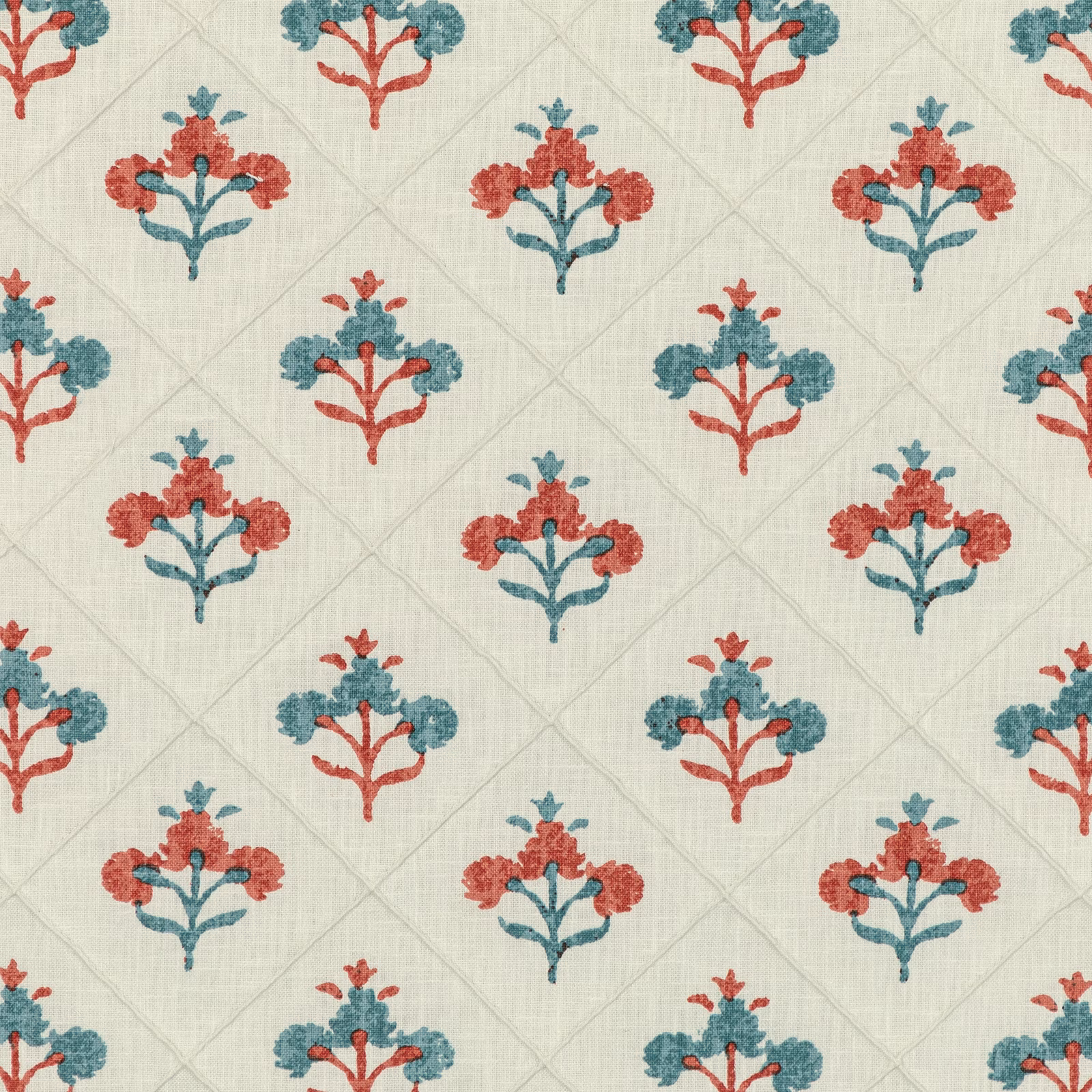 Ivory floral fabric with muted aqua leaves, red blooms and pale diamond trellis