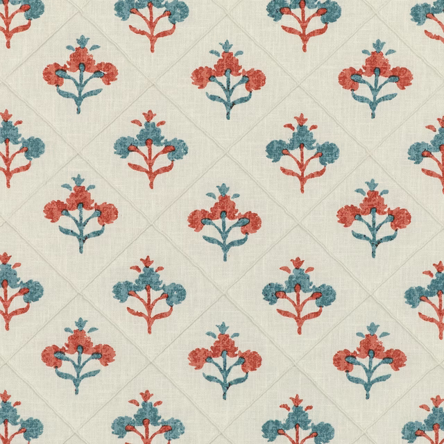 Ivory floral fabric with muted aqua leaves, red blooms and pale diamond trellis