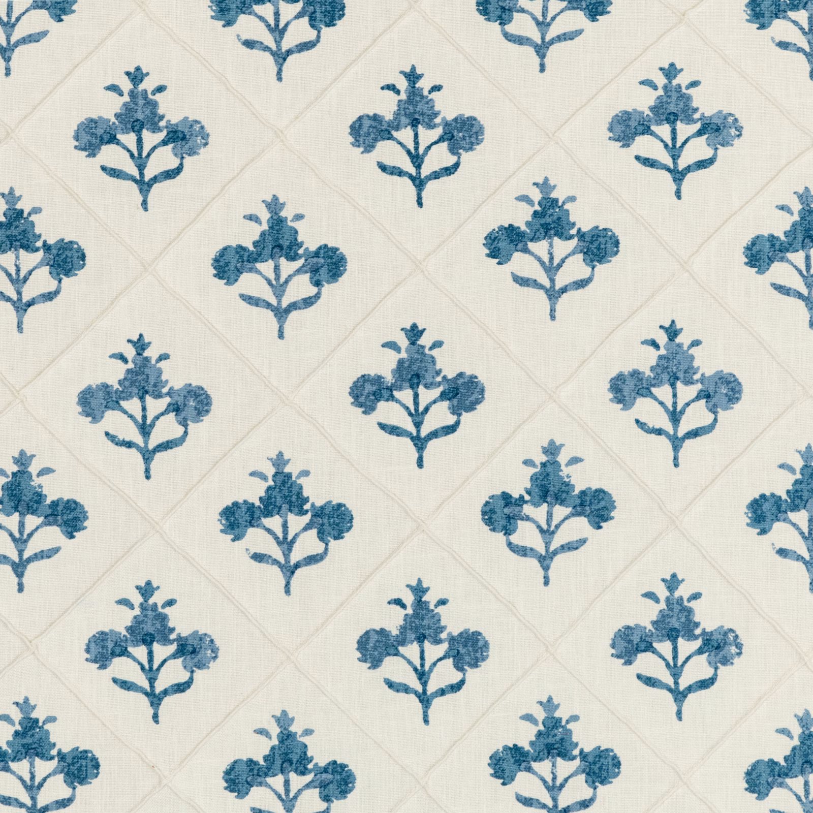 Ivory fabric with repeated muted indigo flowering stems and faint diamond lattice