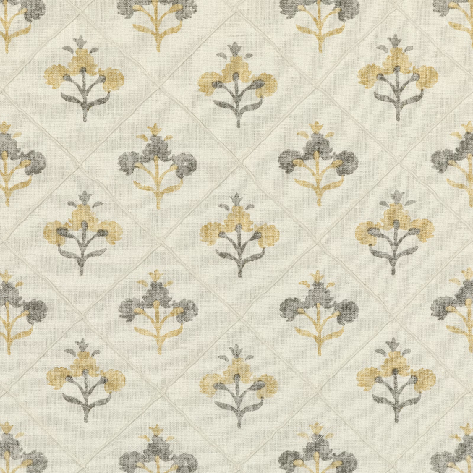 Pale stone fabric with muted grey and ochre floral sprigs in a diamond lattice