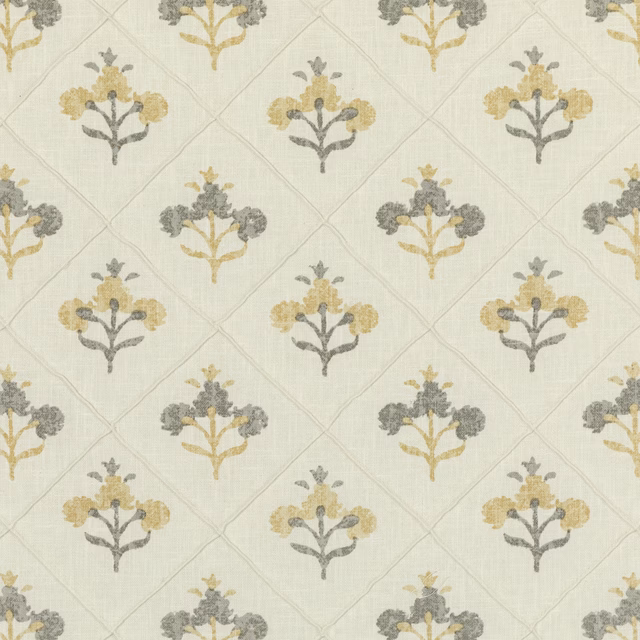 Pale stone fabric with muted grey and ochre floral sprigs in a diamond lattice