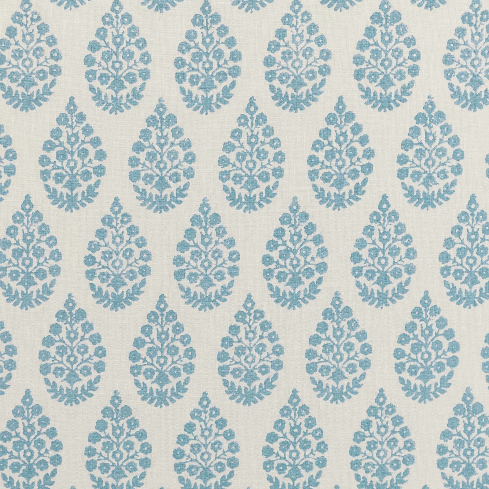 Pale aqua fabric with repeated blue floral damask medallions and fine woven grain