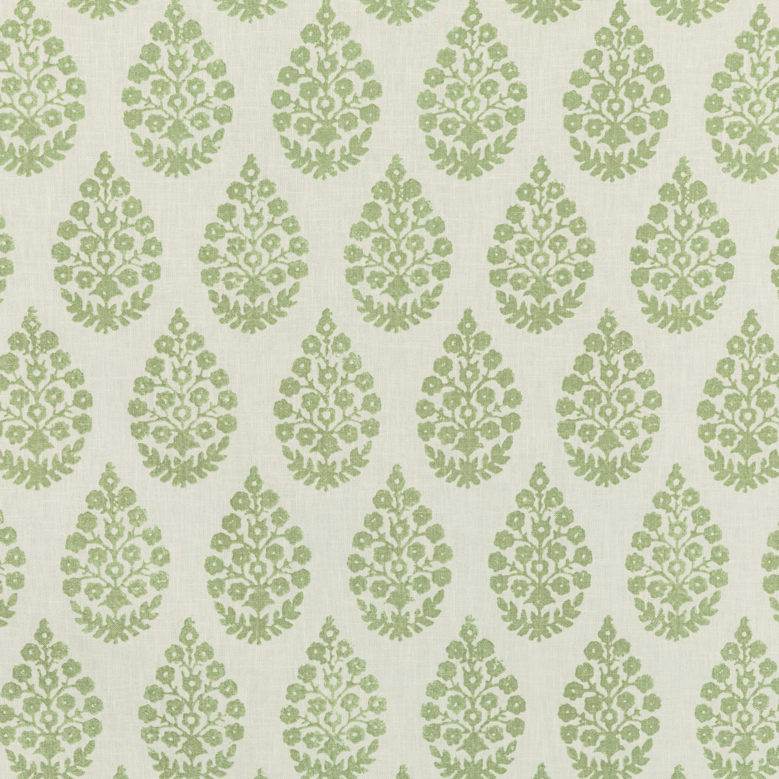 Muted sage floral damask motifs on a pale, finely textured Portland Green fabric