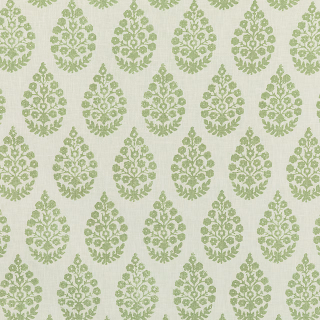 Muted sage floral damask motifs on a pale, finely textured Portland Green fabric