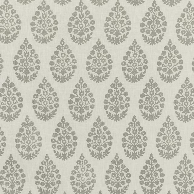 Pale pebble-grey woven ground with repeating soft grey damask medallions