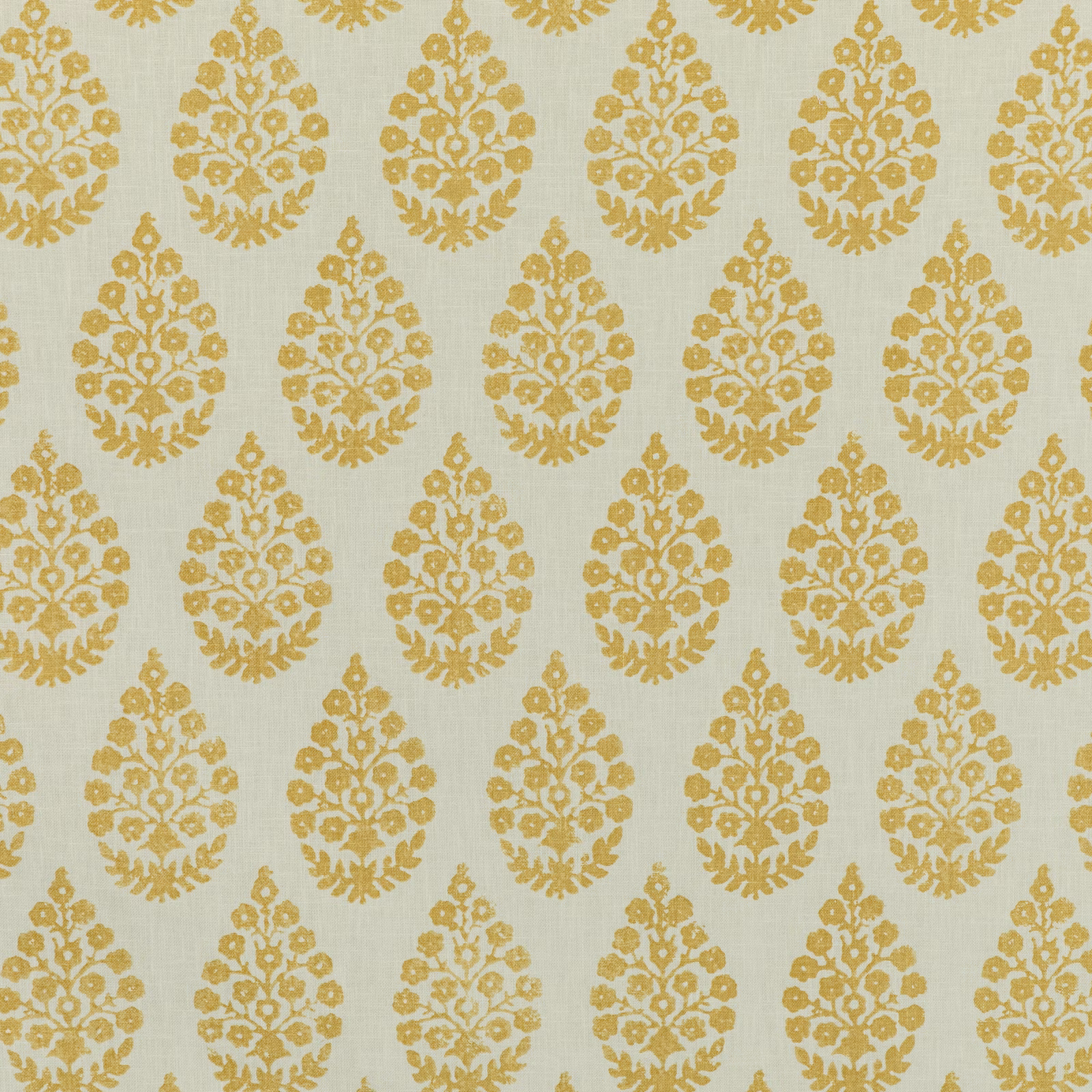 Buttery yellow woven fabric with repeating ochre floral damask motifs