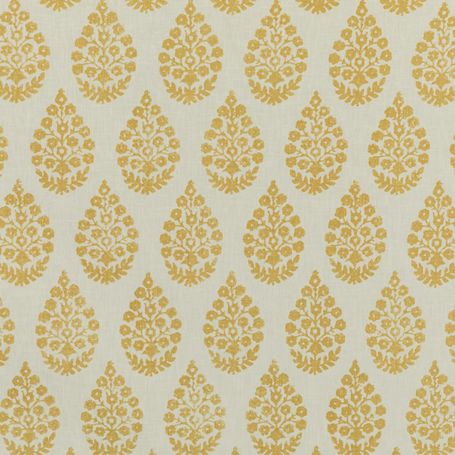 Buttery yellow woven fabric with repeating ochre floral damask motifs