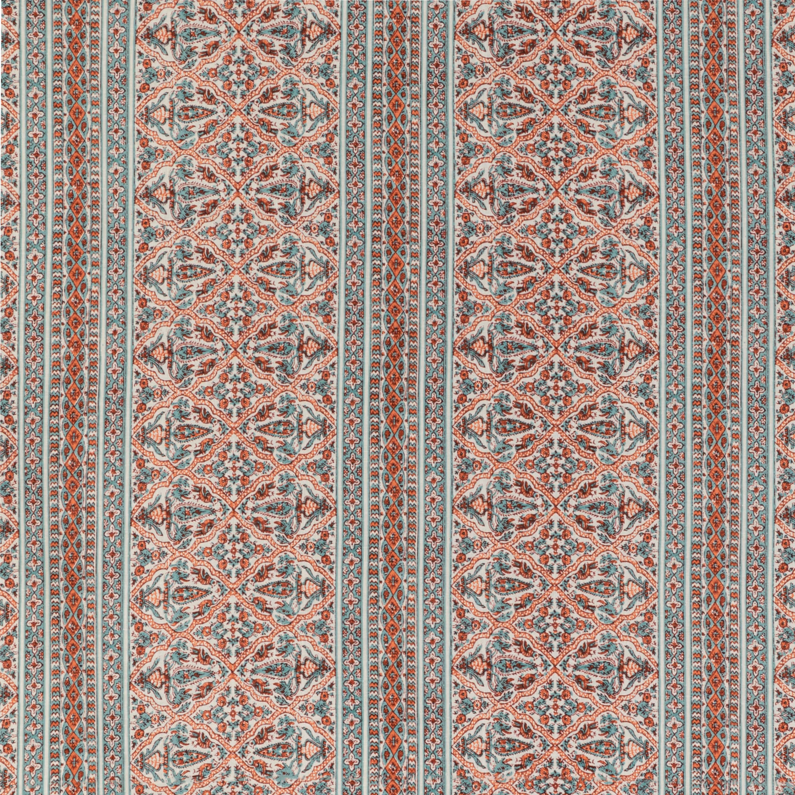 Cool aqua and coral red striped textile with intricate repeating ornamental motifs
