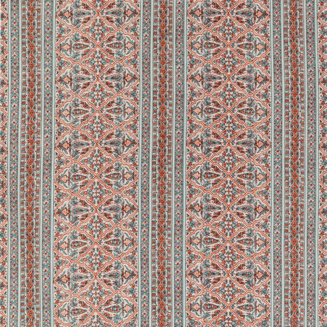 Cool aqua and coral red striped textile with intricate repeating ornamental motifs