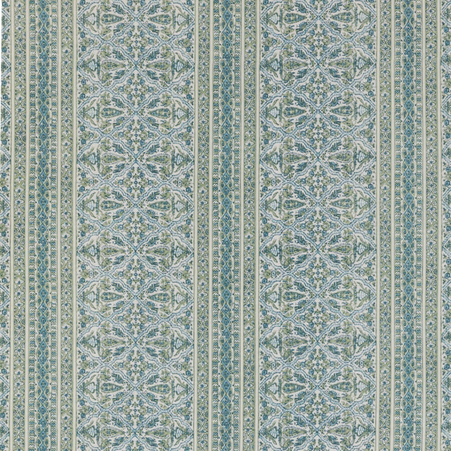 Muted sage and blue-green striped textile with ornate repeating floral panels