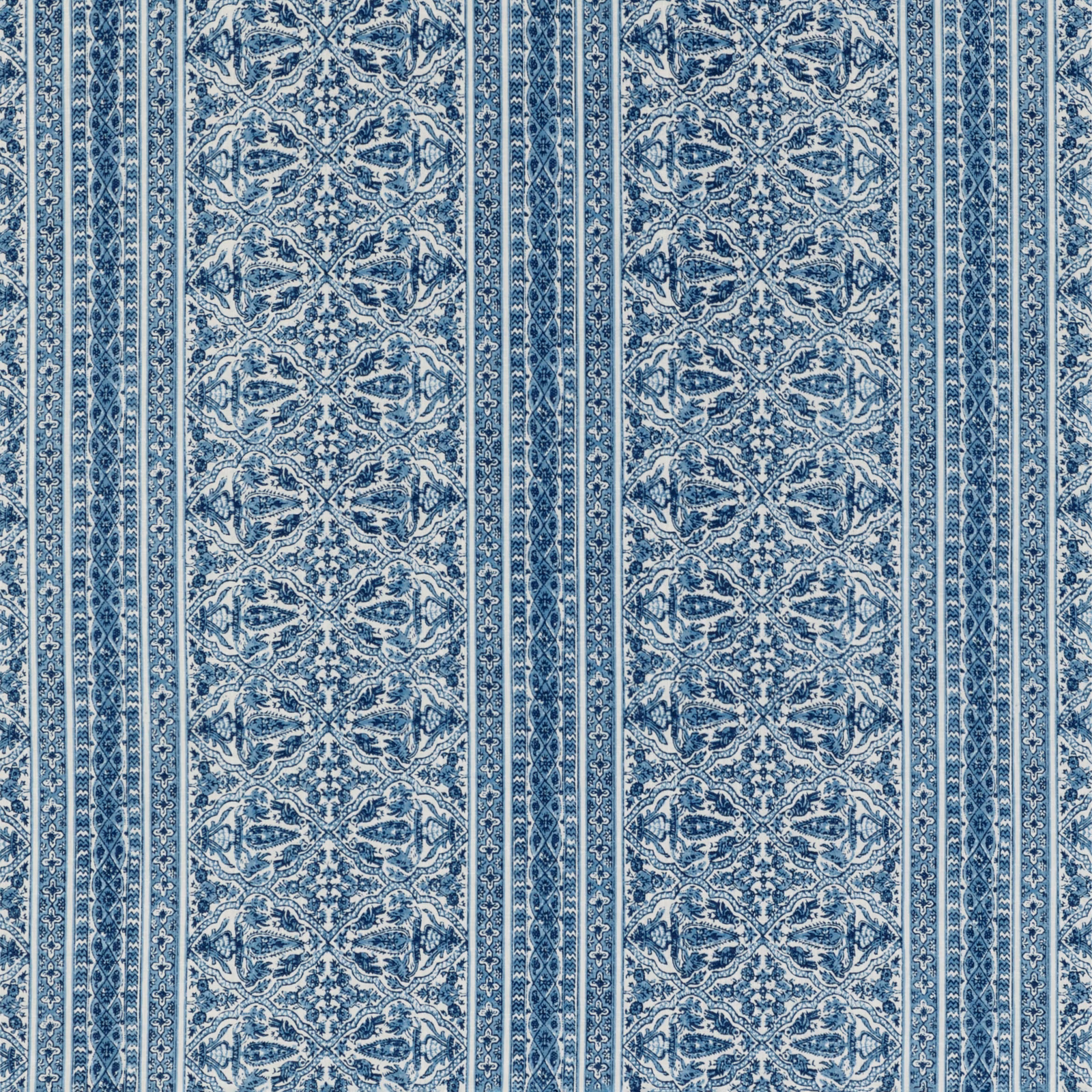 Cool indigo and white striped fabric with intricate mirrored floral medallions