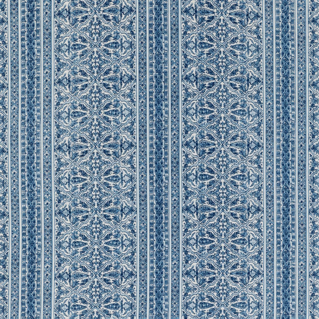 Cool indigo and white striped fabric with intricate mirrored floral medallions