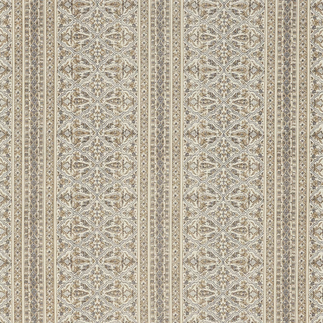 Stone taupe stripe fabric with intricate scrolling floral motifs and fine woven texture