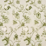 Muted olive-green toile with birds, pagodas, garden houses and winding florals on ivory ground