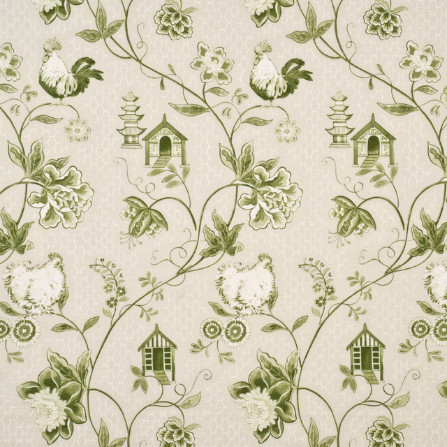 Muted olive-green toile with birds, pagodas, garden houses and winding florals on ivory ground