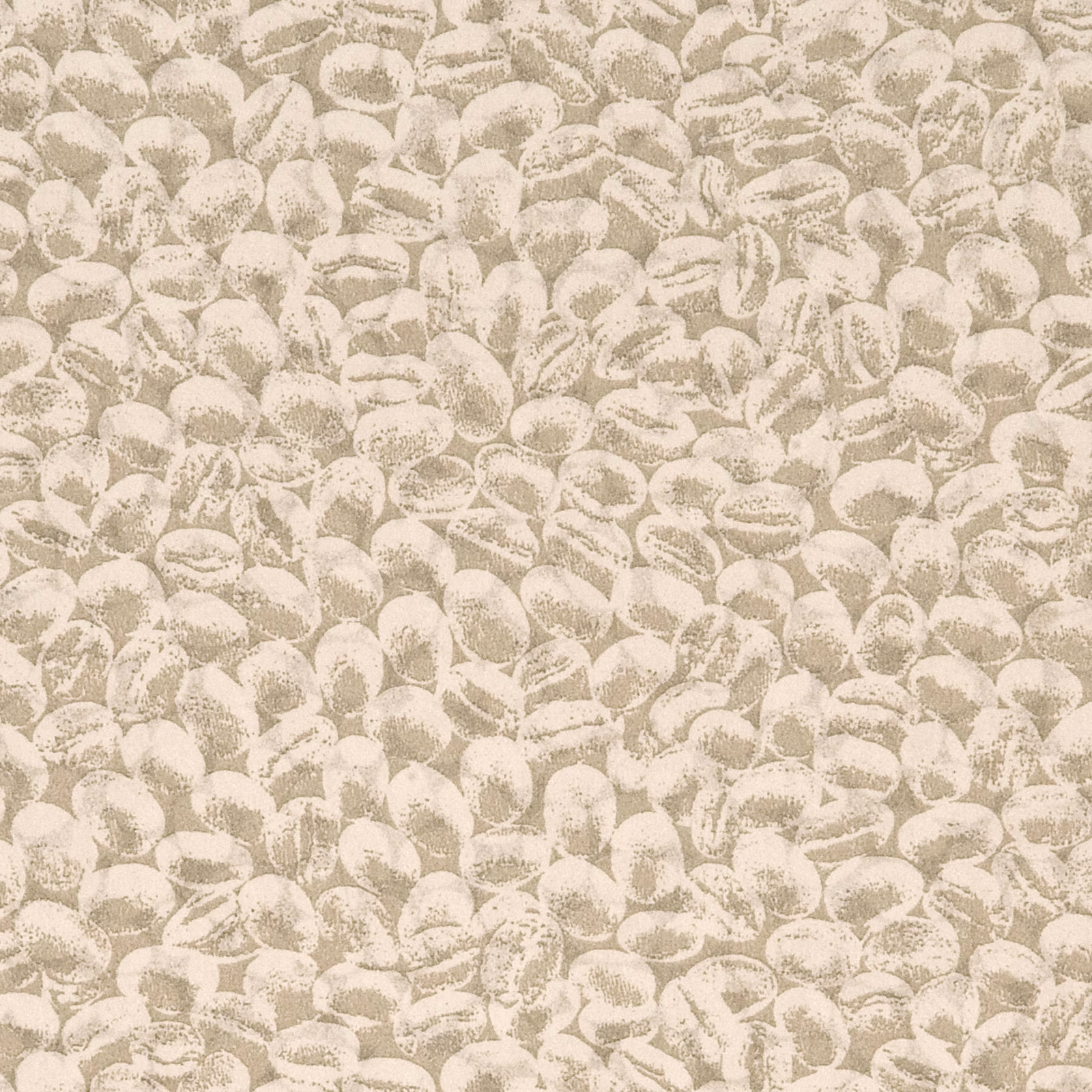 Pale gravel-taupe wallpaper with dense cream pebble-like botanical marks