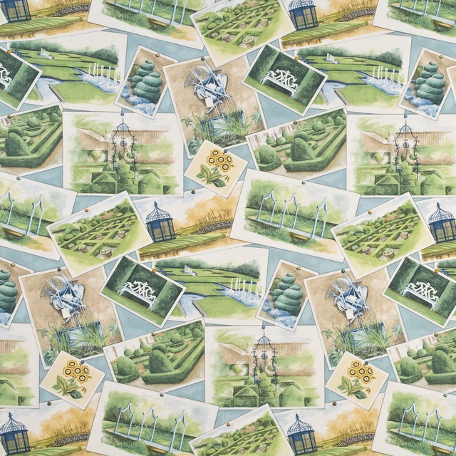 Aqua cotton fabric with layered garden postcards, hedges, trees and glasshouses