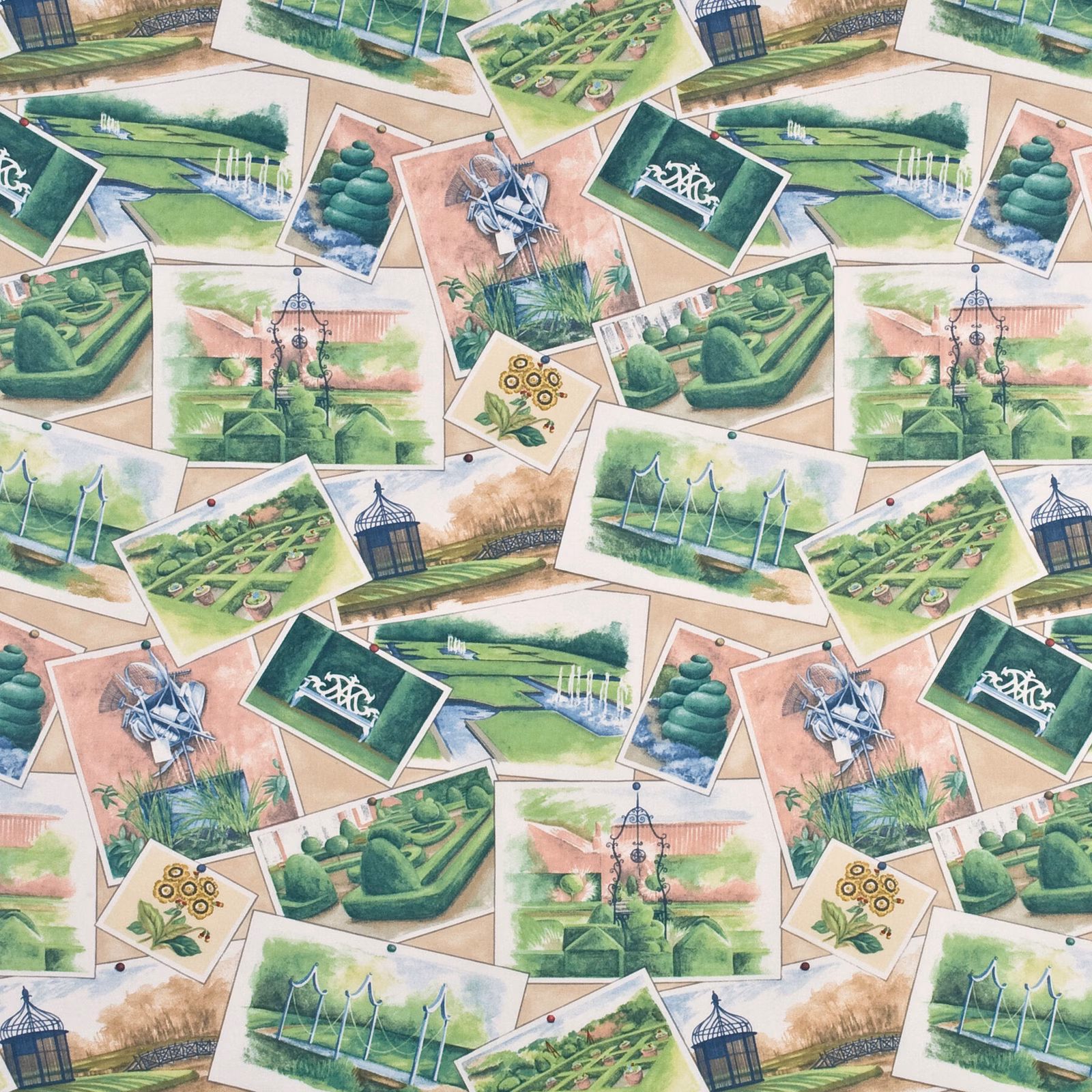 Honey cotton fabric with green garden postcards, topiary, lawns and illustrated pergolas