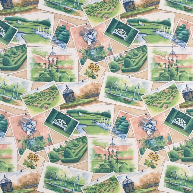 Honey cotton fabric with green garden postcards, topiary, lawns and illustrated pergolas