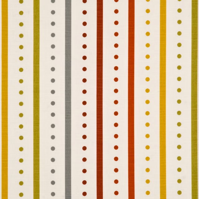 Ivory cotton stripe with brick-red, mustard, olive and grey dotted bands