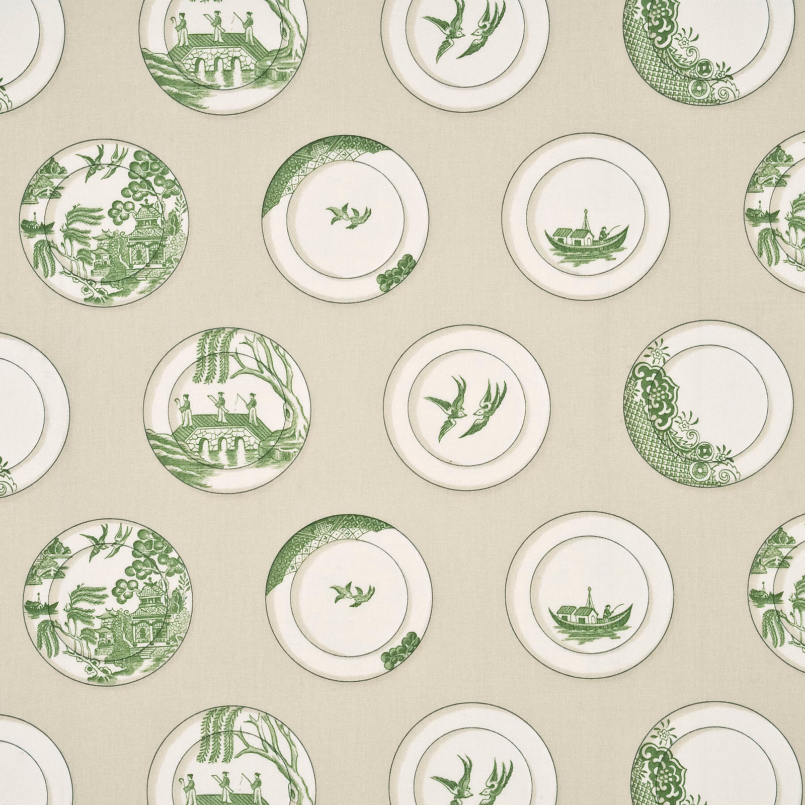 Porcelain green cotton with circular chinoiserie plates, birds, foliage and pale ground