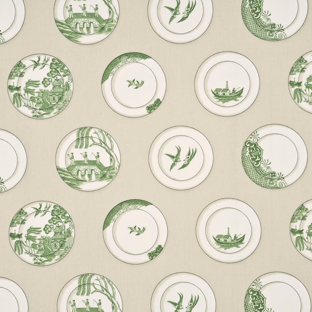 Porcelain green cotton with circular chinoiserie plates, birds, foliage and pale ground